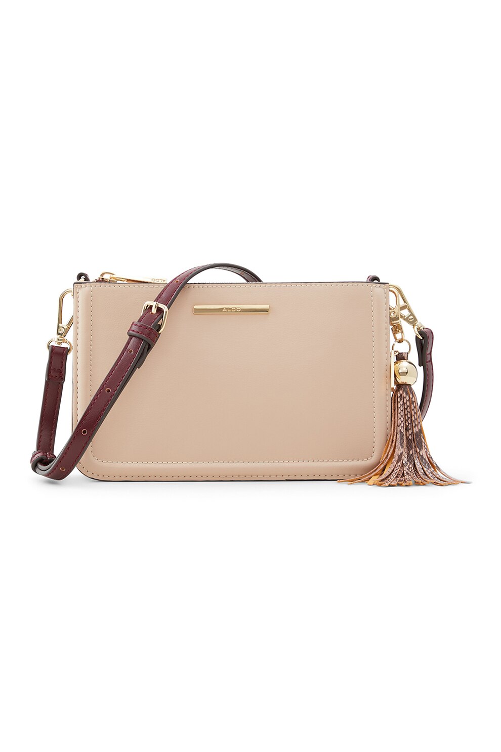 Aldo, Geanta crossbody din piele ecologica cu aspect texturat Riessi, Roz pal/Rosu Buordeaux