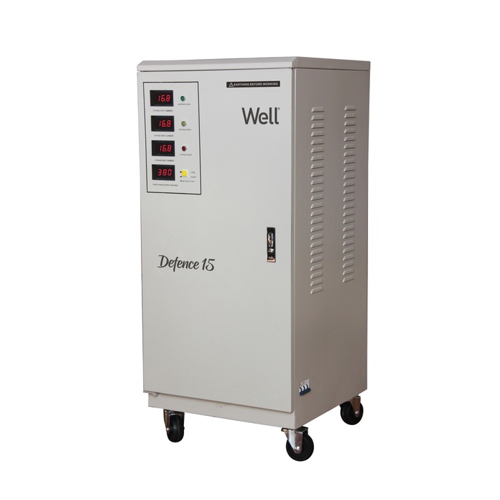 Stabilizator automat de tensiune cu servo motor Well Defence, puterea 15000VA / 12000W, trifazic, tip conector: reglete, protectie: scurtcircuit