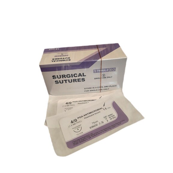 Fire de sutura, 12 buc, PGA , antimicrobian , USP 4/0 , 75 cm , curbura 1/2 , ac rotund de 17.5 mm
