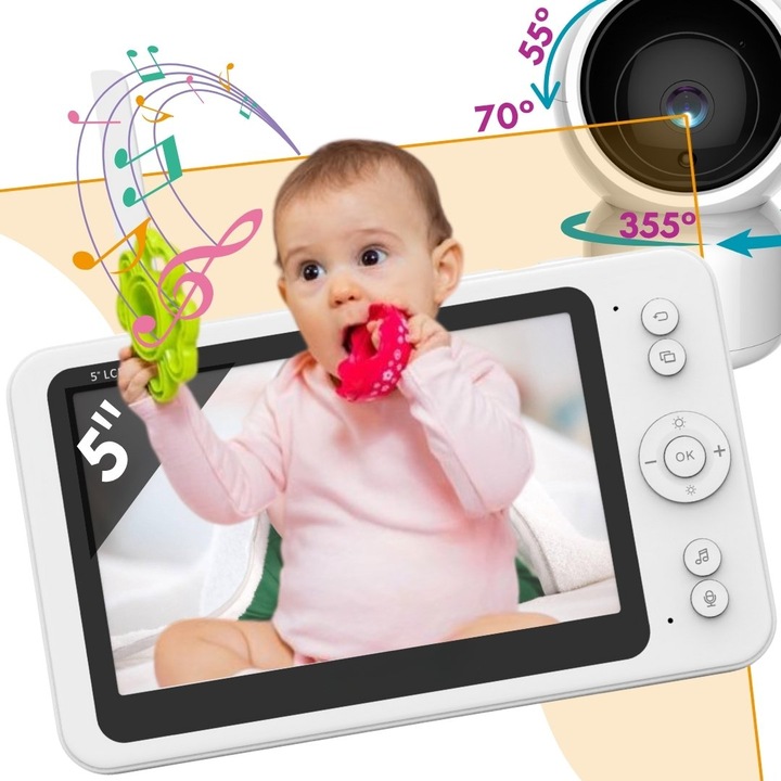 Baby Monitor WiFi Smartic™ SM956 PRO, Ecran HD XXL 5", AI Night Vision, Rotire 360°, Zoom Digital 4X, VOX, Detectie Nocturna Inteligenta, BiDirectional, Raza Actiune 300m, Senzor Temperatura, 8 Cantec