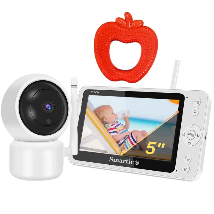 Baby monitor SM956, Display XXL TFT 5 inch, Raza actiune 100 m, Rotire orizontala 355° / verticala 55°, Night Vision Automat, Comunicare bidirectionala, Cantece leagan, Monitorizare temperatura, Smartic®, jucarie pentru dentitie, alb