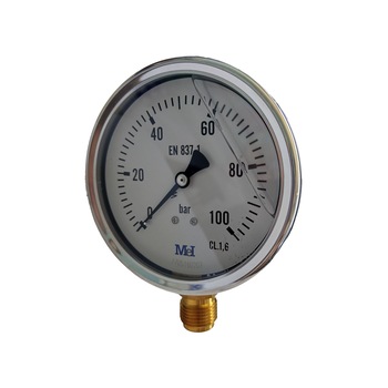 Manometru 0-100 bari, diametru 100mm, carcasa inox cu glicerina (antivibratii), radial (montare pe verticala) Manometru 0-100 bari, diametru 100mm, carcasa inox cu glicerina (antivibratii), radial (montare pe verticala)