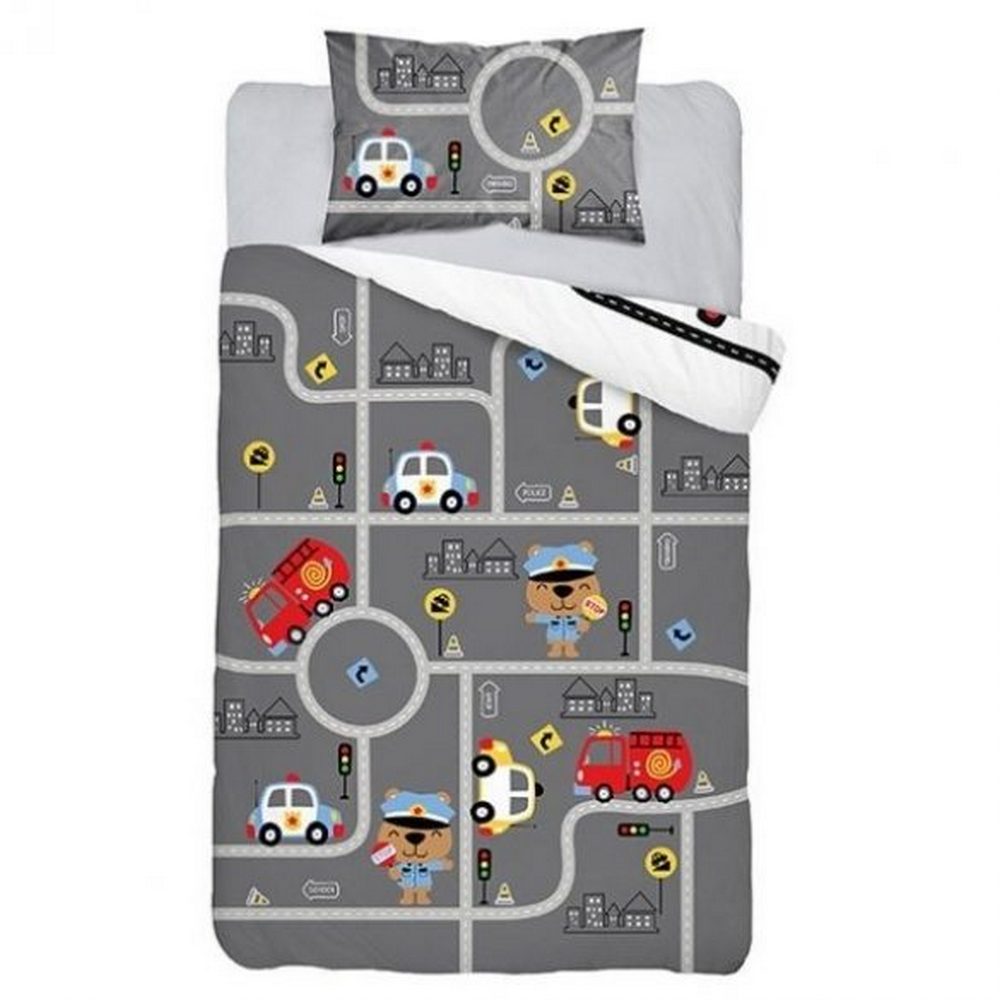 Lenjerie de pat copii Detexpol, Pompieri/Politisti, Bumbac, 100x135cm, Gri