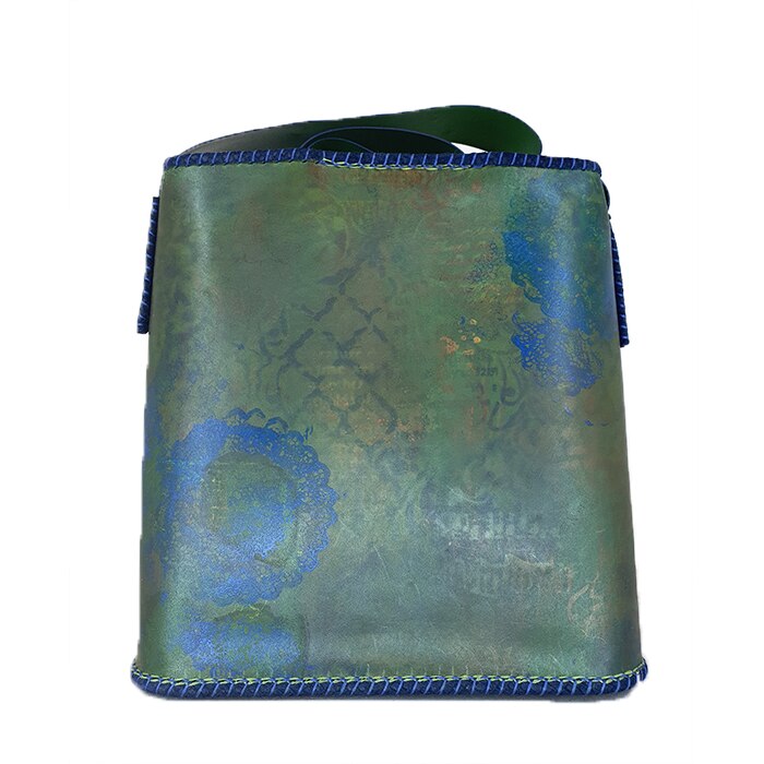 Poseta handmade pictata, din piele, culoare verde, AG Design, dimensiune 26.5/26/10 cm