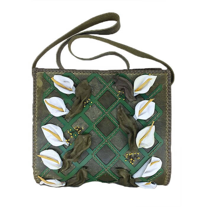 Poseta cu flori, din piele, verde, AG Design, dimensiune 26.5/24/13.5 cm