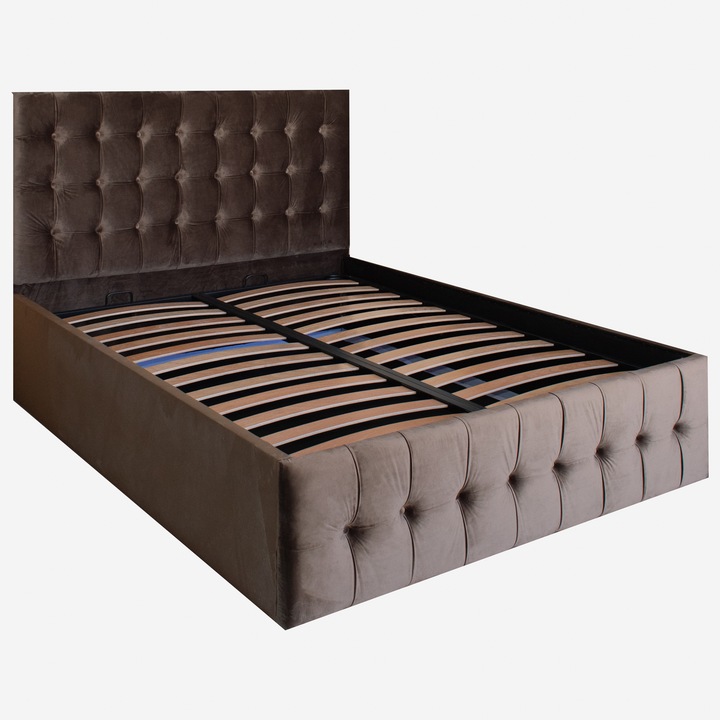 Pat tapitat Vera cu spatiu de depozitare, maro, 160x200 cm