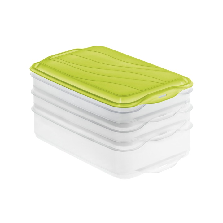 Recipient triplu pentru alimente, cu capac, Rotho Rondo, transparent-verde lemon