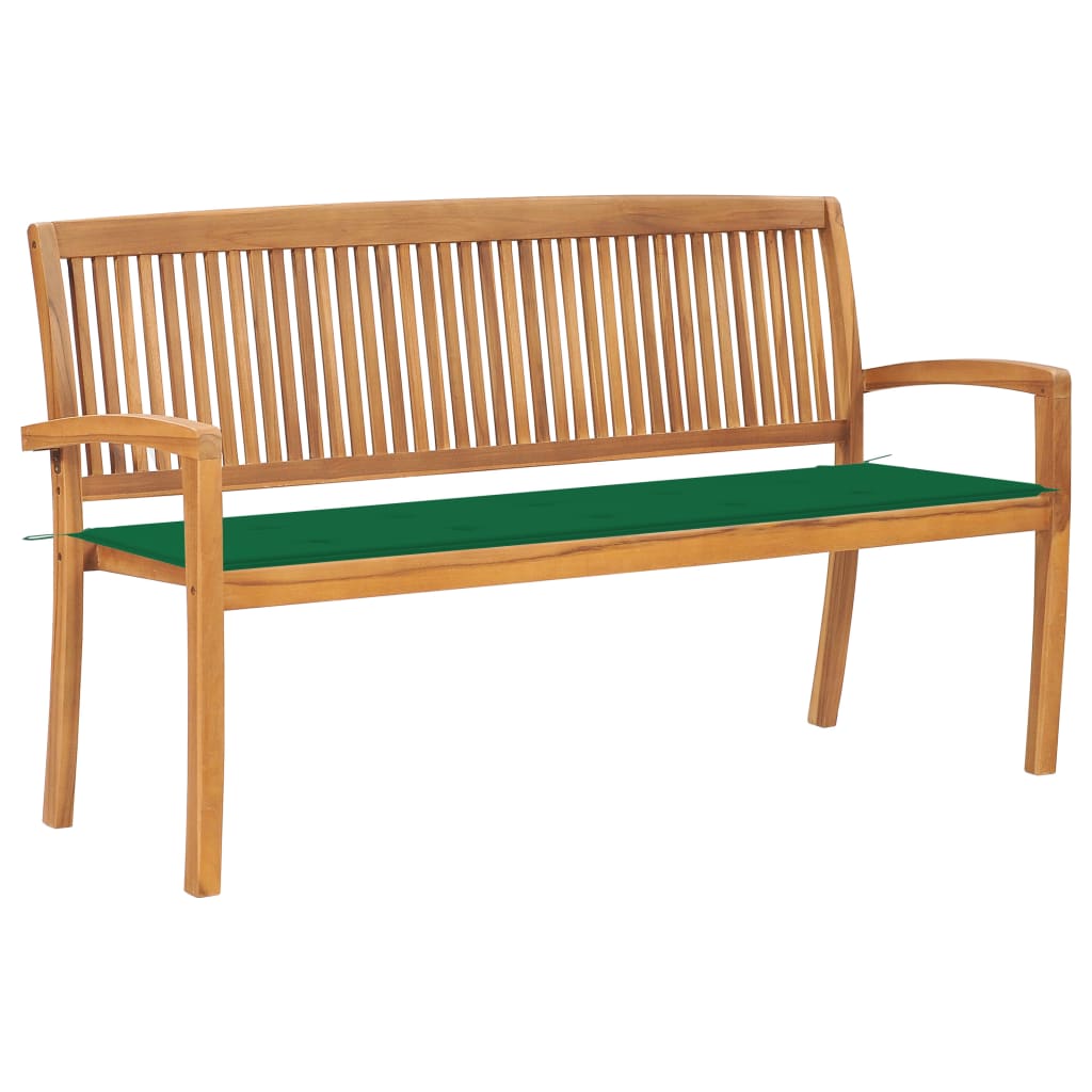 Banca stivuibila de gradina cu perna sezut, vidaXL, Lemn de tec/Poliester, 159 x 57,5 x 90 cm, Maro/Verde
