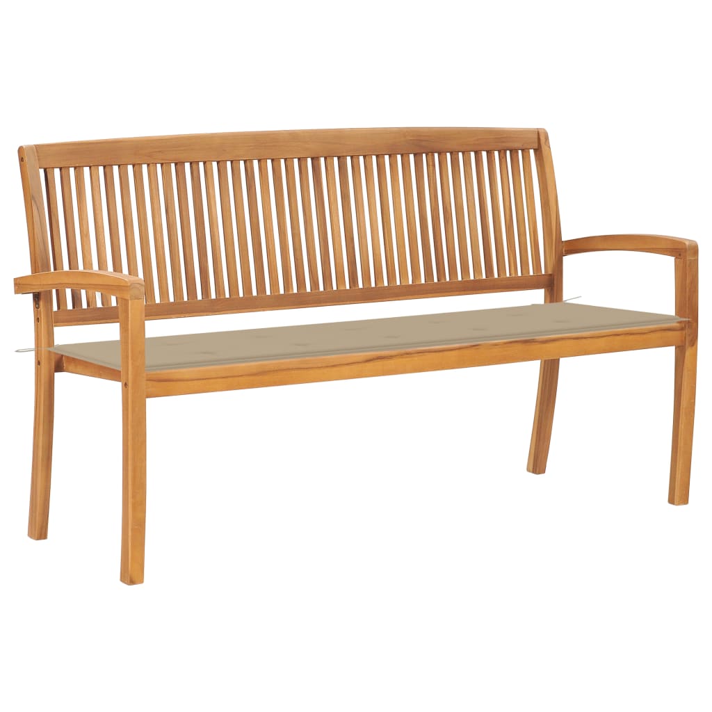 Banca stivuibila de gradina cu perna sezut, vidaXL, Lemn de tec/Poliester, 159 x 57,5 x 90 cm, Maro/Bej
