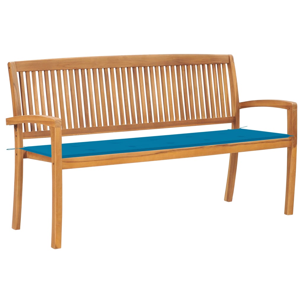Banca stivuibila de gradina cu perna sezut, vidaXL, Lemn de tec/Poliester, 159 x 57,5 x 90 cm, Maro/Albastru