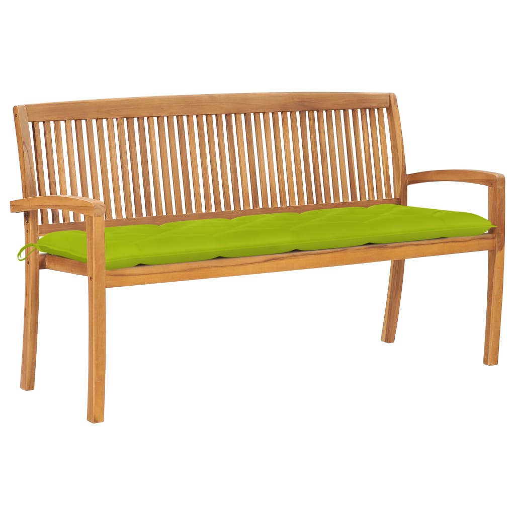 Banca stivuibila de gradina cu perna sezut, vidaXL, Lemn de tec/Poliester, 159 x 57,5 x 90 cm, 7 cm, Maro/Verde aprins