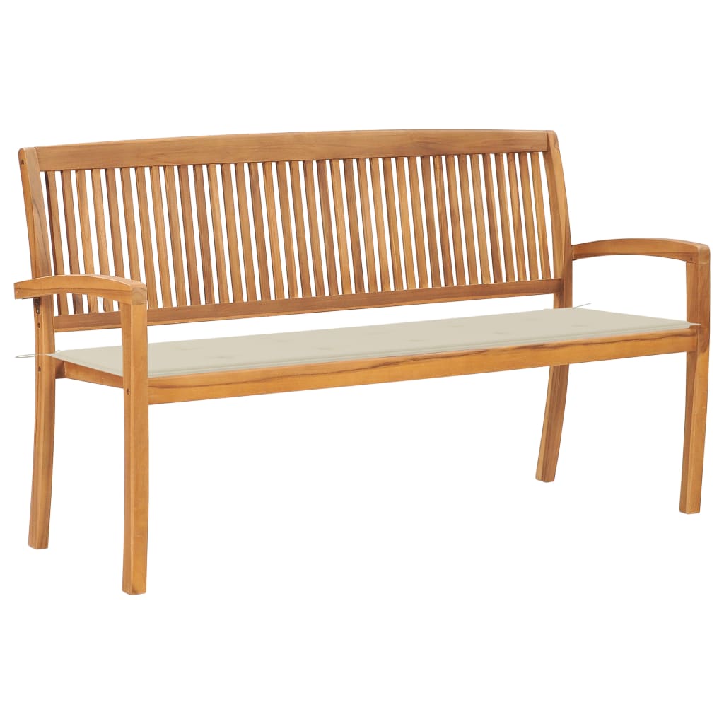 Banca stivuibila de gradina cu perna sezut, vidaXL, Lemn de tec/Poliester, 159 x 57,5 x 90 cm, Maro/Crem