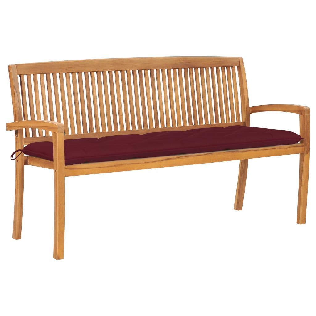 Banca stivuibila de gradina cu perna sezut, vidaXL, Lemn de tec/Poliester, 159 x 57,5 x 90 cm, 7 cm, Maro/Grena