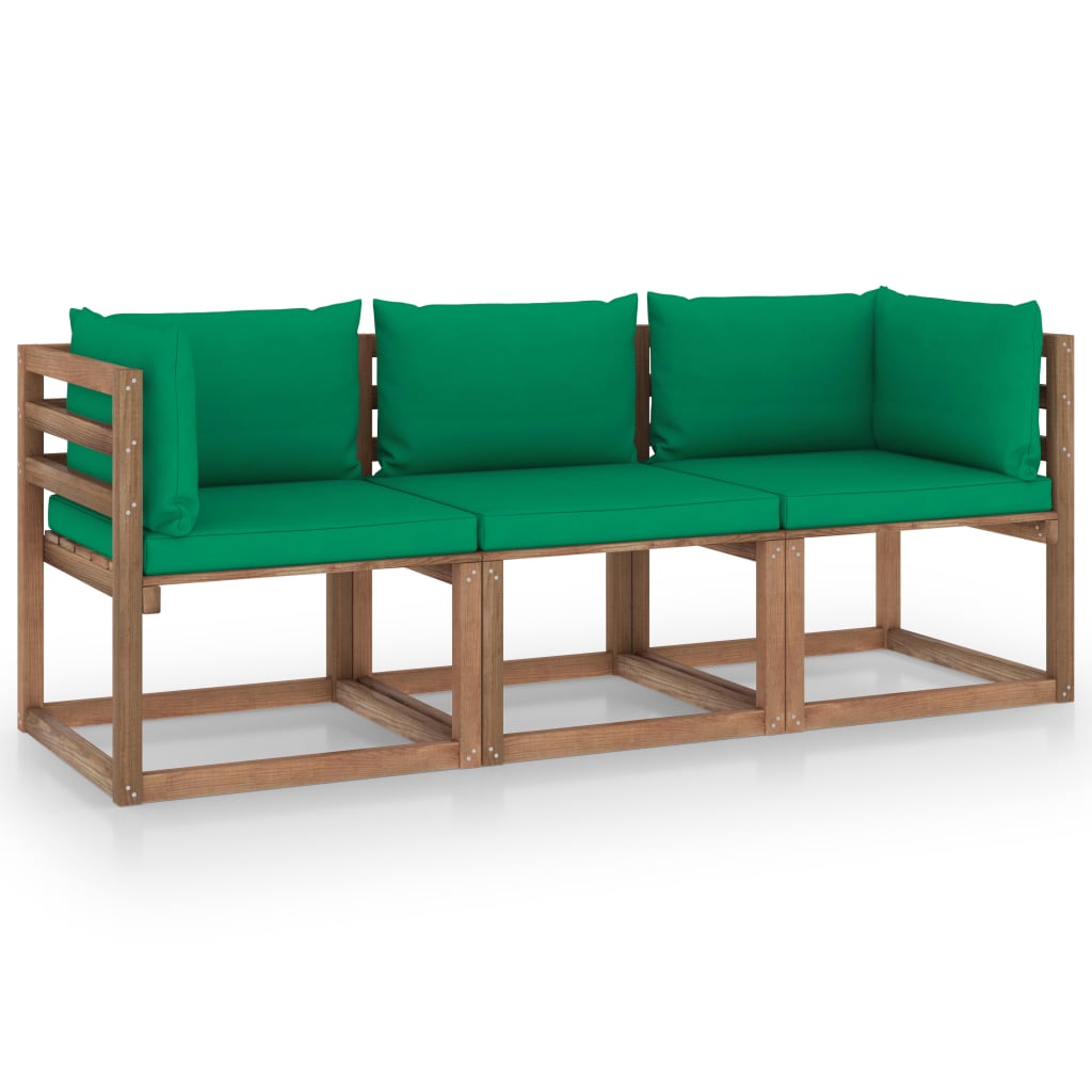 Canapea de gradina din paleti cu 3 locuri, cu perne, vidaXL, Lemn de pin, Maro/Verde