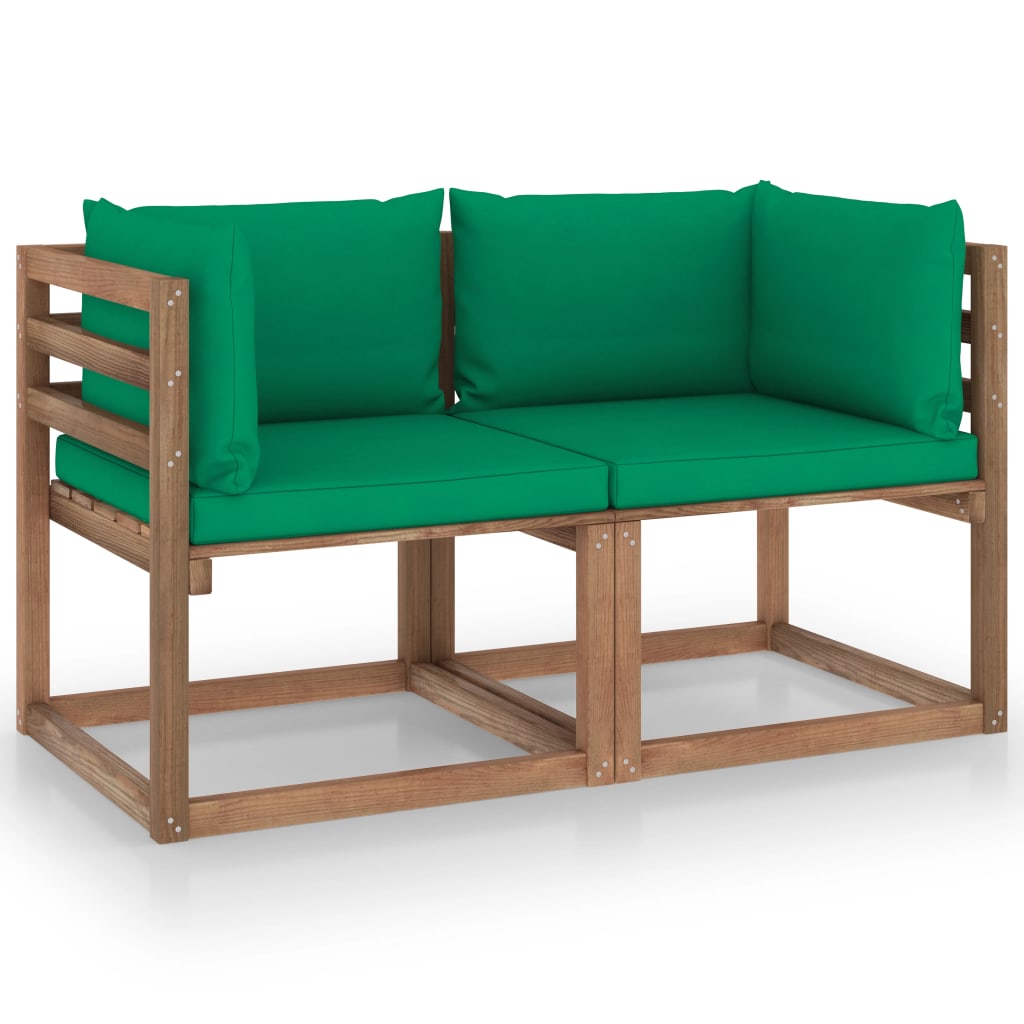 Canapea de gradina din paleti cu 2 locuri, cu perne, vidaXL, Lemn de pin, Maro/Verde