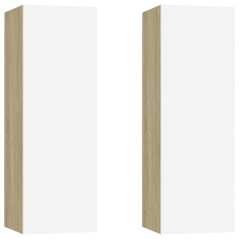 Set de 2 comode TV, vidaXL, PAL, 30,5x30x90 cm, Alb/Maro stejar Set de 2 comode TV, vidaXL, PAL, 30,5x30x90 cm, Alb/Maro stejar