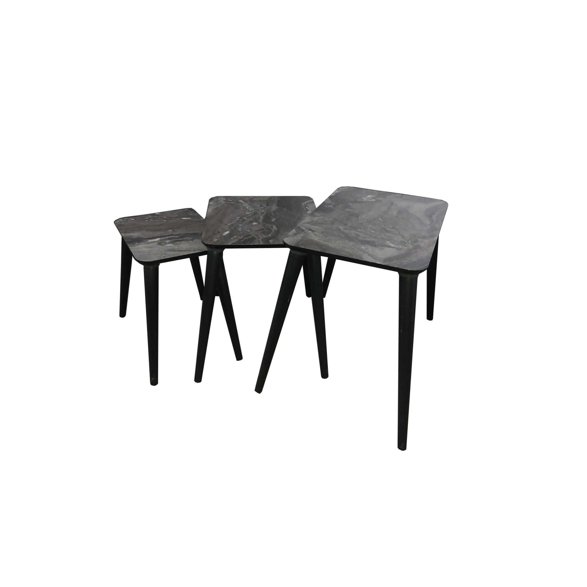 Set 3 masute cafea Marmo Design Studio Casa, picioare din lemn, dreptunghiulare, inaltime 51, 47, 42 cm, Alb Marmorat/Negru
