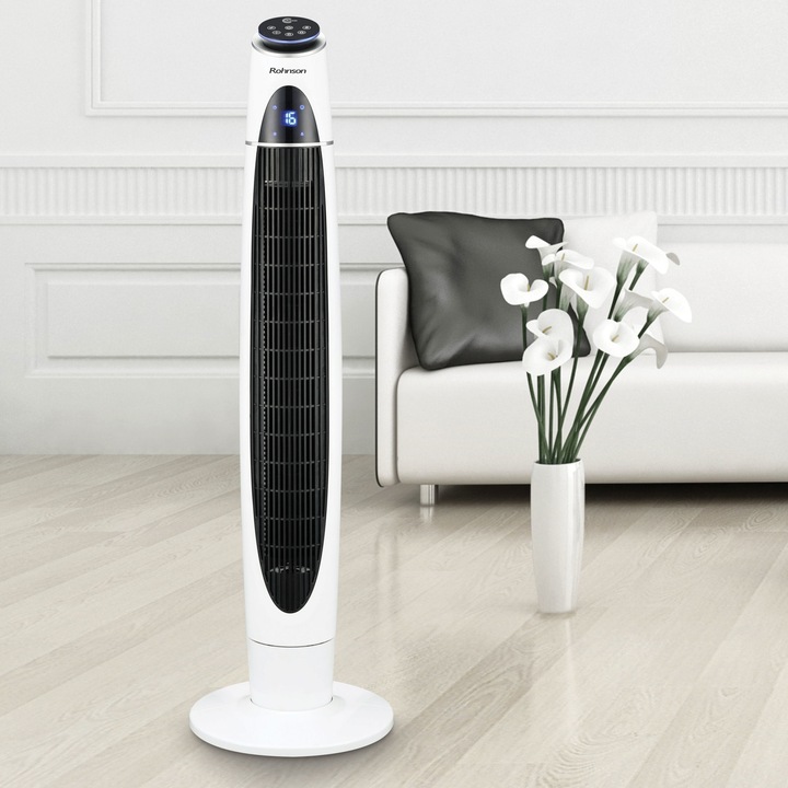 Ventilator turn cu ionizare Rohnson Breeze R818, 60W, LED, telecomanda, 3 trepte de viteza, oscilatie 75 °, timer 1-8 ore