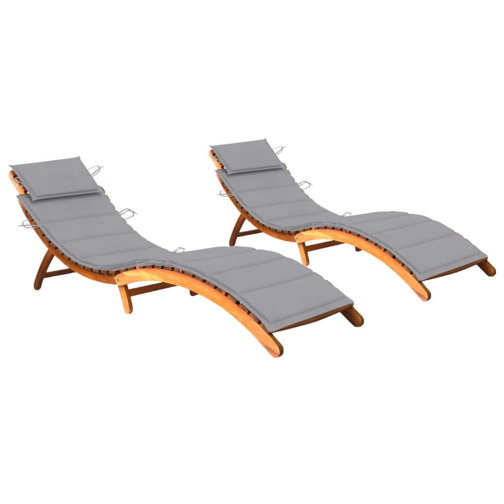 Set de 2 sezlonguri pliabile de gradina cu perna vidaXL, Lemn de acacia, 184 x 55 x 64 cm, Maro/Gri