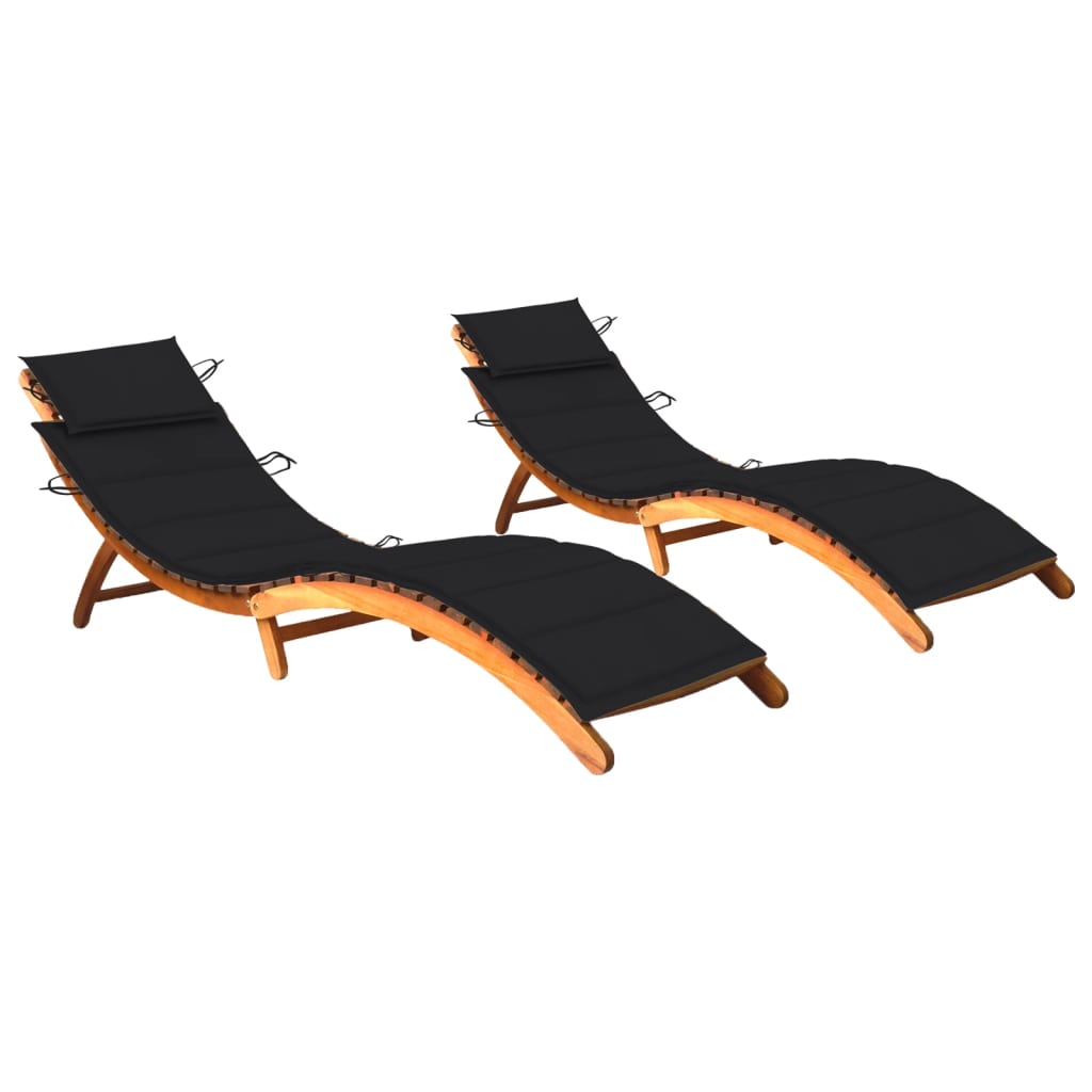 Set de 2 sezlonguri pliabile de gradina cu perna vidaXL, Lemn de acacia, 184 x 55 x 64 cm, Maro/Negru