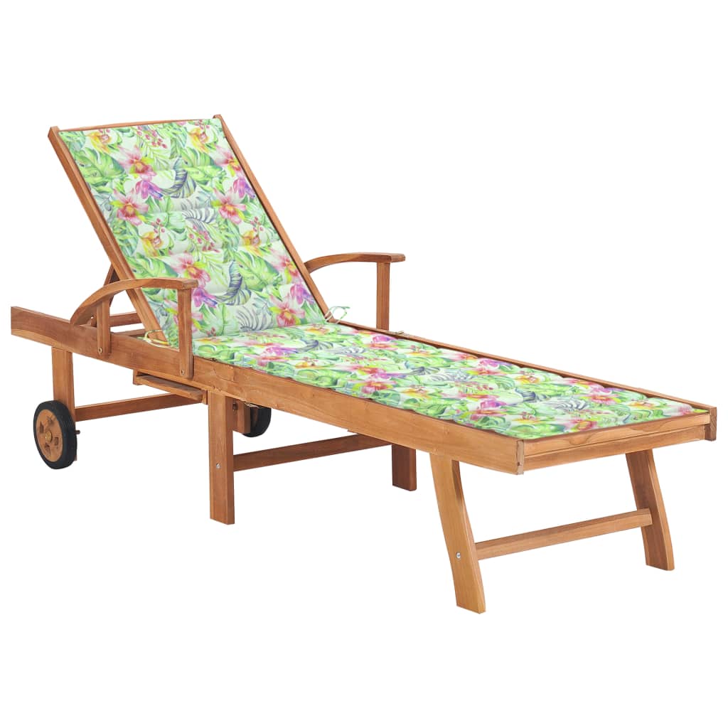 Sezlong de exterior cu perna cu model floral vidaXL, Lemn de tec, 195 x 59.5 x 35 cm, Multicolor