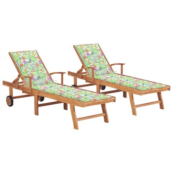 Set de 2 sezlonguri de gradina cu perna cu model floral vidaXL, Lemn, 195 x 59.5 x 35 cm, Maro/Multicolor Set de 2 sezlonguri de gradina cu perna cu model floral vidaXL, Lemn, 195 x 59.5 x 35 cm, Maro/Multicolor