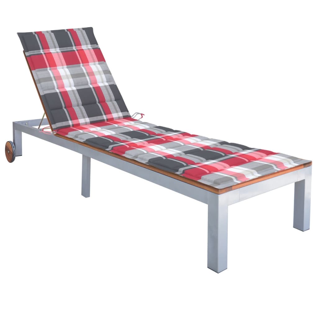 Sezlong din otel galvanizat pentru gradina cu perna cu model carouri vidaXL, Lemn de acacia, 207 x 70 x 88 cm, Maro/Rosu