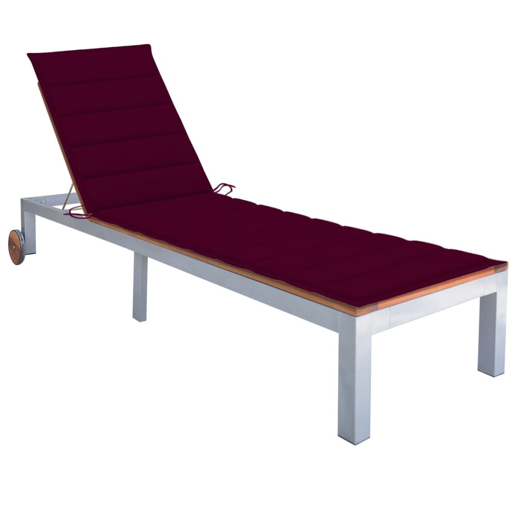 Sezlong din otel galvanizat pentru gradina cu perna vidaXL, Lemn de acacia, 207 x 70 x 88 cm, Maro/Rosu vin
