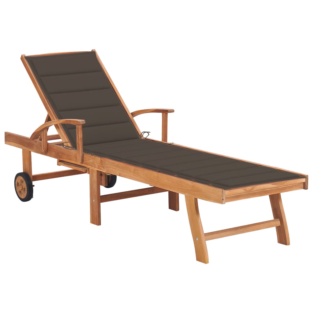 Sezlong de exterior cu perna colorata vidaXL, Lemn de tec, 195 x 59.5 x 35 cm, Gri taupe