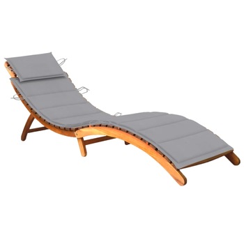 Sezlong pliabil de gradina din lemn masiv cu perna vidaXL, Lemn de acacia, 184 x 55 x 64 cm, Maro/Gri