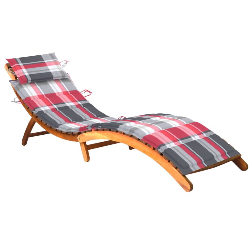 Sezlong pliabil de gradina din lemn masiv cu perna cu model carouri vidaXL, Lemn de acacia, 184 x 55 x 64 cm, Maro/Rosu