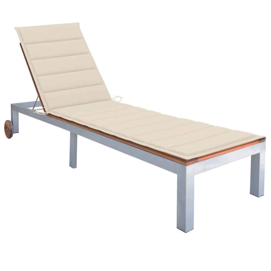 Sezlong din otel galvanizat pentru gradina cu perna vidaXL, Lemn de acacia, 207 x 70 x 88 cm, Maro/Crem
