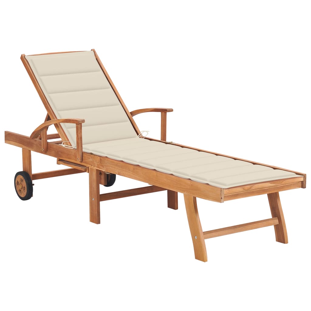 Sezlong de exterior cu perna colorata vidaXL, Lemn de tec, 195 x 59.5 x 35 cm, Crem