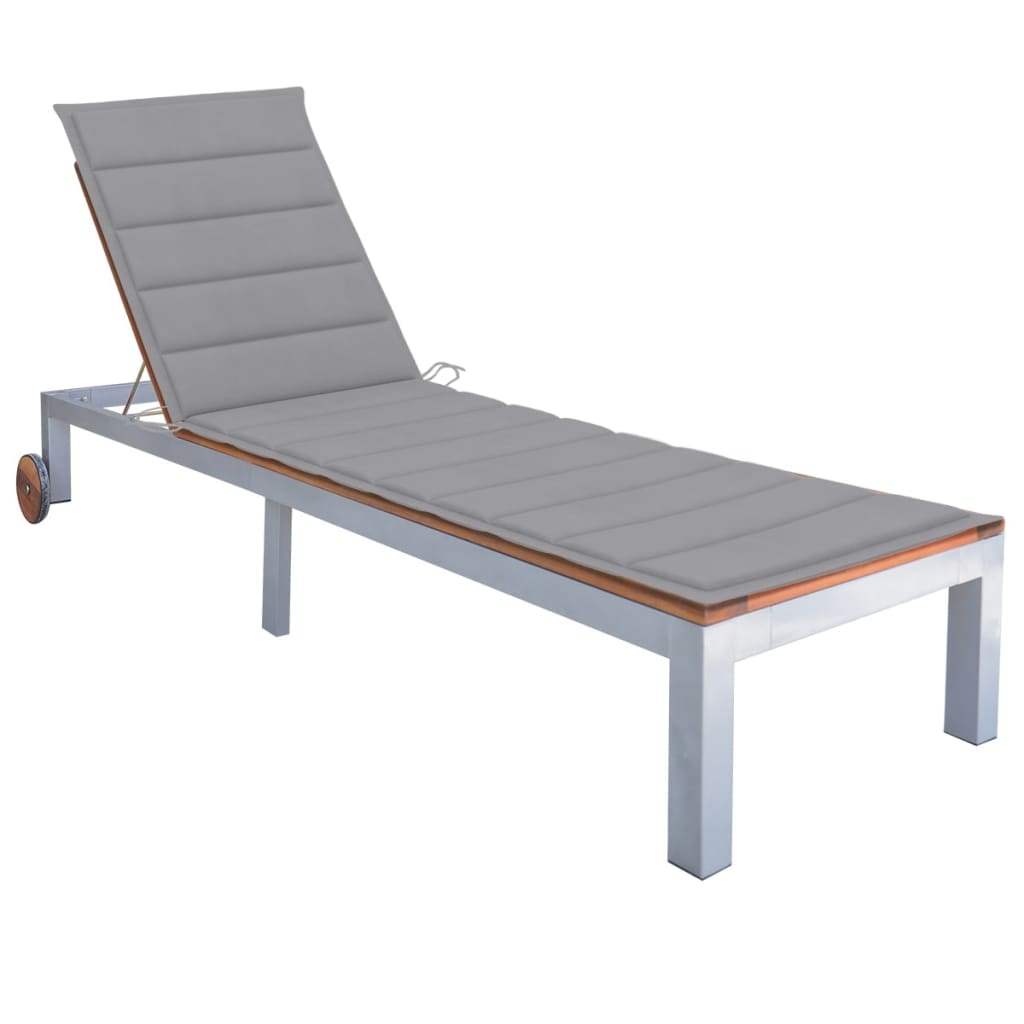 Sezlong din otel galvanizat pentru gradina cu perna vidaXL, Lemn de acacia, 207 x 70 x 88 cm, Maro/Gri