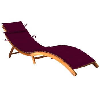Sezlong pliabil de gradina din lemn masiv cu perna vidaXL, Lemn de acacia, 184 x 55 x 64 cm, Maro/Rosu vin