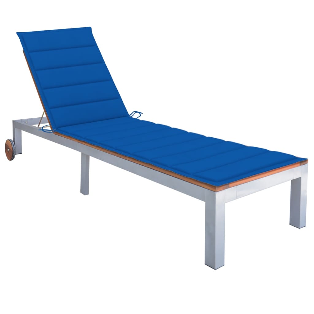 Sezlong din otel galvanizat pentru gradina cu perna vidaXL, Lemn de acacia, 207 x 70 x 88 cm, Maro/Albastru regal