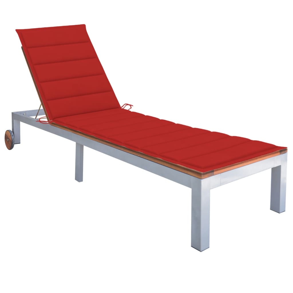 Sezlong din otel galvanizat pentru gradina cu perna vidaXL, Lemn de acacia, 207 x 70 x 88 cm, Maro/Rosu