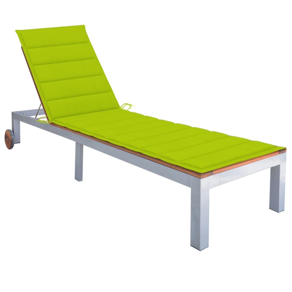 Sezlong din otel galvanizat pentru gradina cu perna vidaXL, Lemn de acacia, 207 x 70 x 88 cm, Maro/Verde deschis
