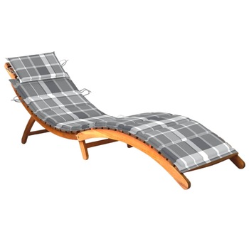Sezlong pliabil de gradina din lemn masiv cu perna cu model carouri vidaXL, Lemn de acacia, 184 x 55 x 64 cm, Maro/Gri