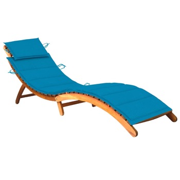 Sezlong pliabil de gradina din lemn masiv cu perna vidaXL, Lemn de acacia, 184 x 55 x 64 cm, Maro/Albastru