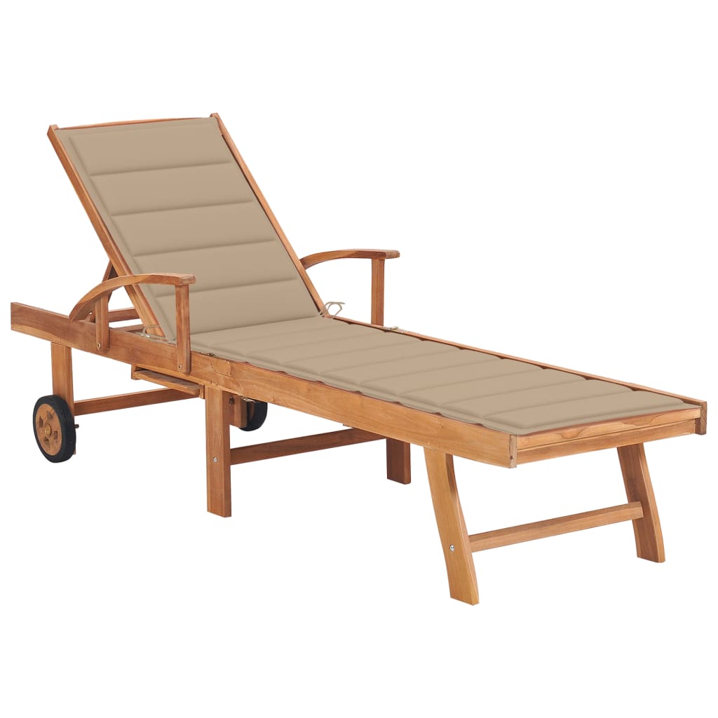 Sezlong de exterior cu perna colorata vidaXL, Lemn de tec, 195 x 59.5 x 35 cm, Bej