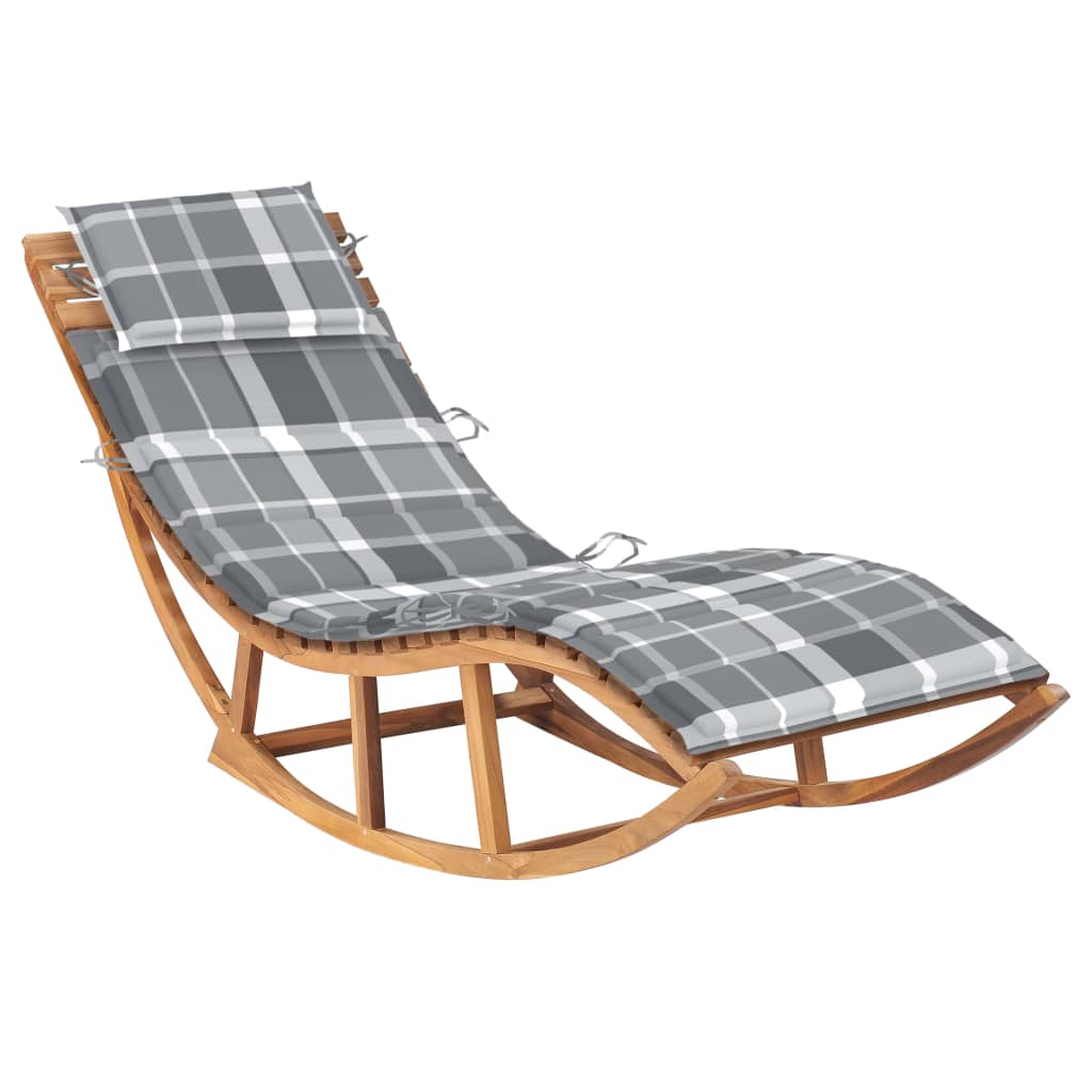Sezlong balansoar de gradina cu perna cu model carouri vidaXL, Lemn de tec, 60 x 180 x 73 cm, Gri