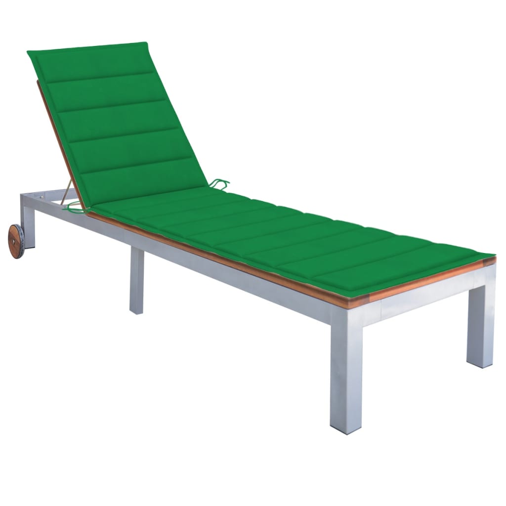 Sezlong din otel galvanizat pentru gradina cu perna vidaXL, Lemn de acacia, 207 x 70 x 88 cm, Maro/Verde