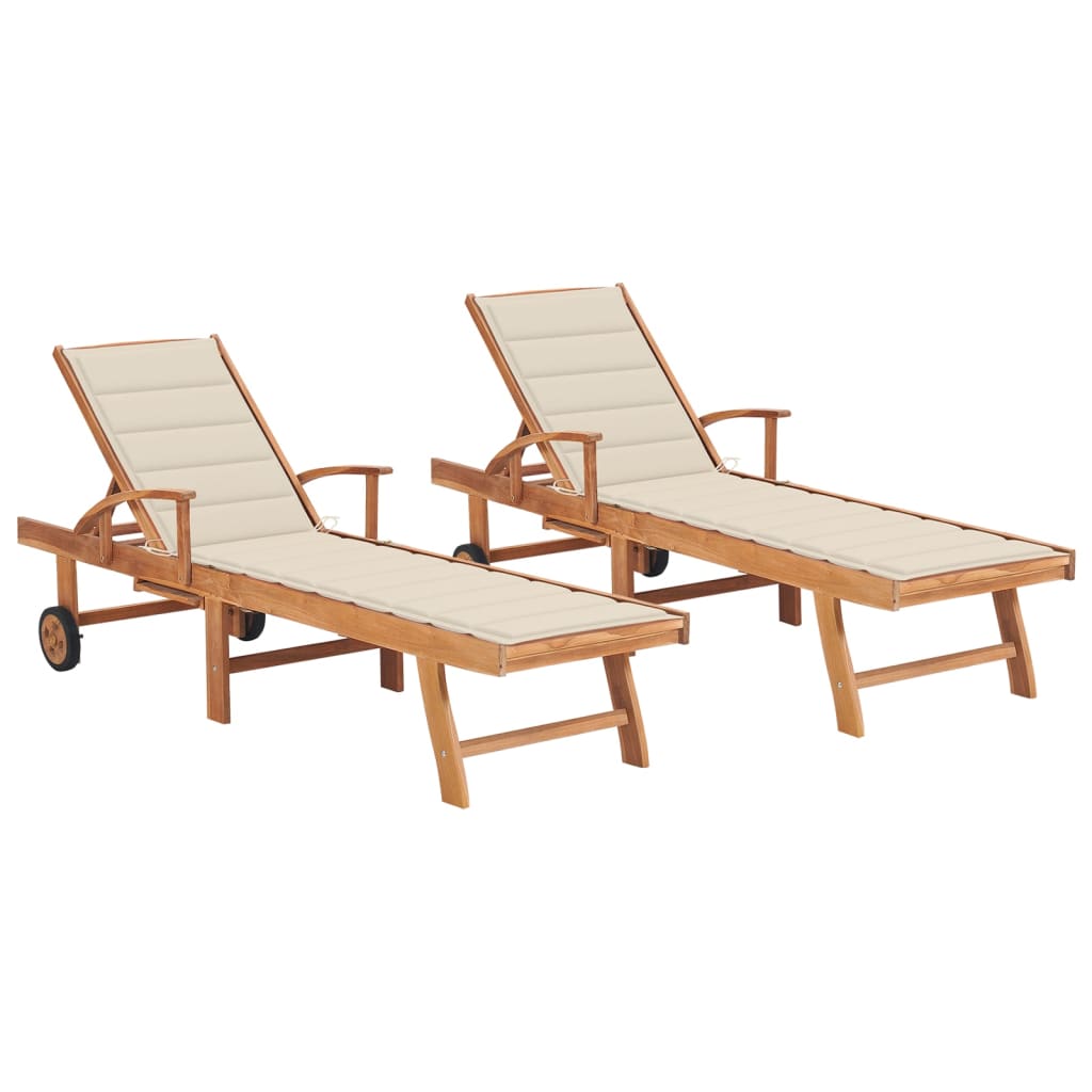 Set de 2 sezlonguri de gradina cu perna vidaXL, Lemn, 195 x 59.5 x 35 cm, Maro/Crem