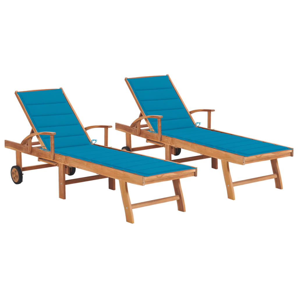 Set de 2 sezlonguri de exterior cu perna vidaXL, Lemn, 195 x 59.5 x 35 cm, Maro/Albastru