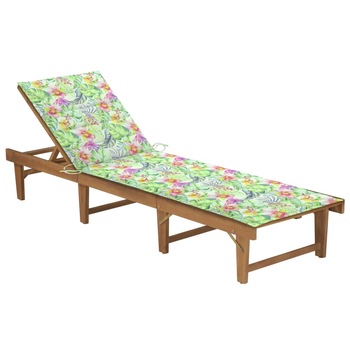Sezlong pliabil de exterior cu perna cu model floral vidaXL, Lemn de acacia, 200 x 61 x 86 cm, Maro/Multicolor Sezlong pliabil de exterior cu perna cu model floral vidaXL, Lemn de acacia, 200 x 61 x 86 cm, Maro/Multicolor