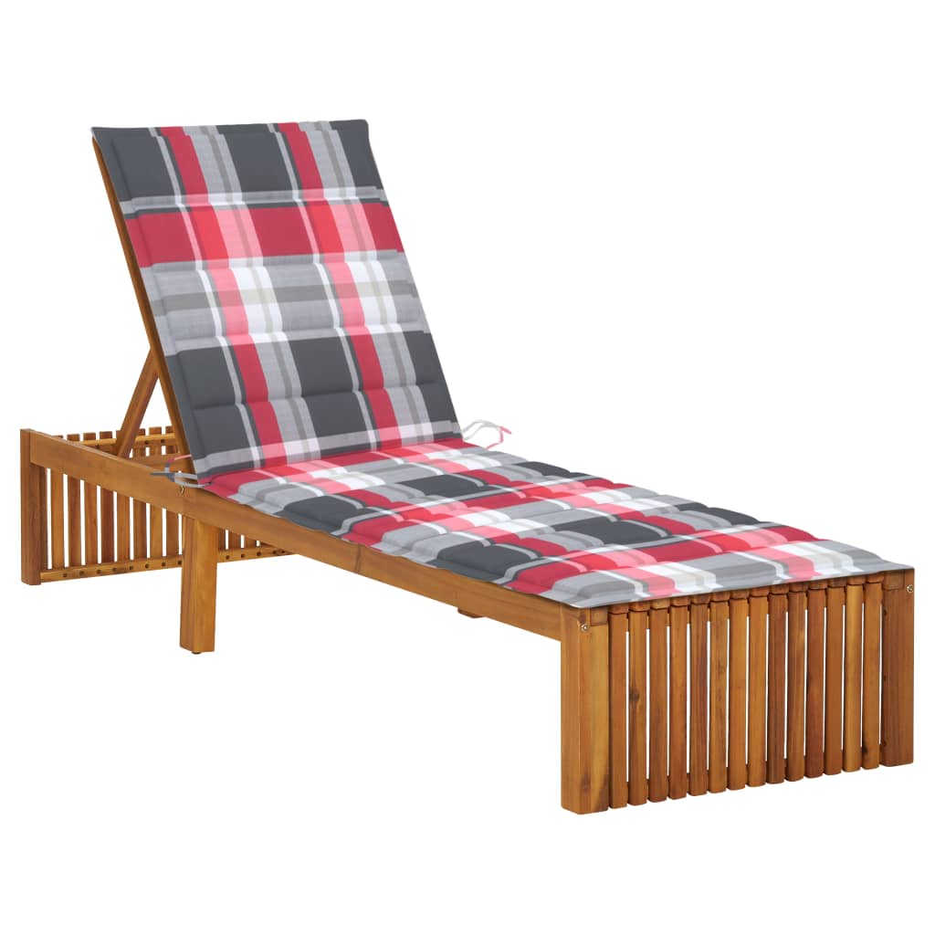 Sezlong de gradina cu spatar reglabil cu perna cu model carouri vidaXL, Lemn de acacia, 200 x 60 x 90 cm, Maro/Rosu