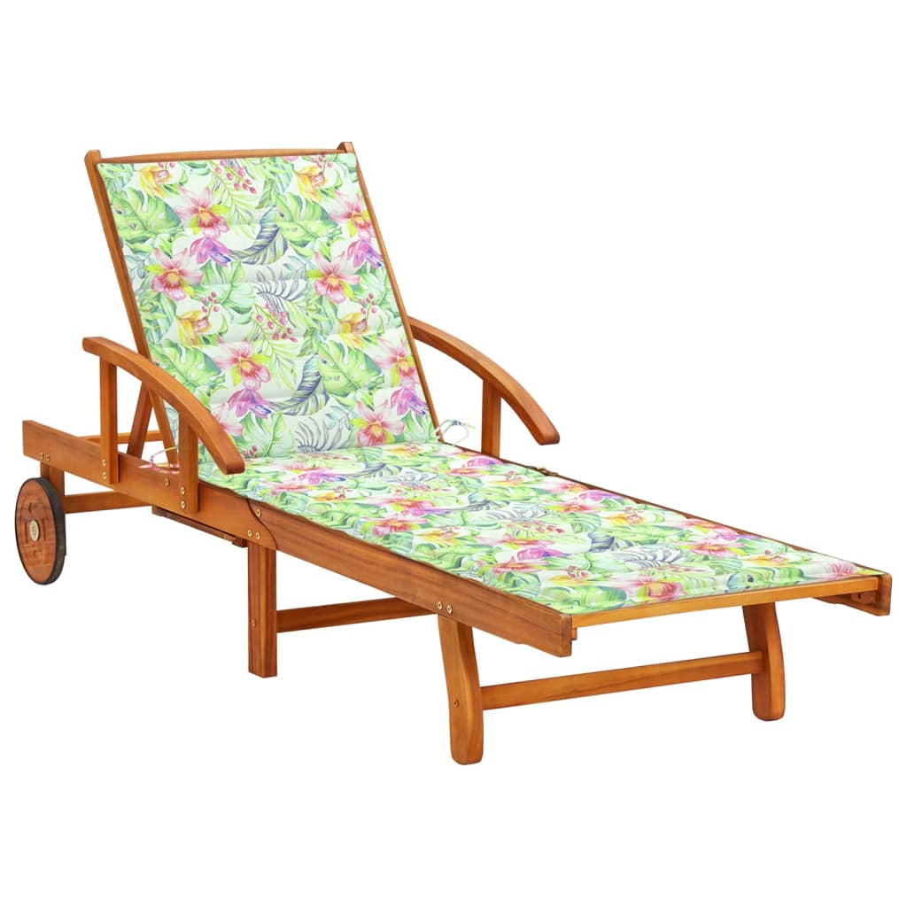 Sezlong cu 2 roti de gradina cu perna cu model floral vidaXL, Lemn de acacia, 200 x 67 x 85 cm, Maro/Multicolor