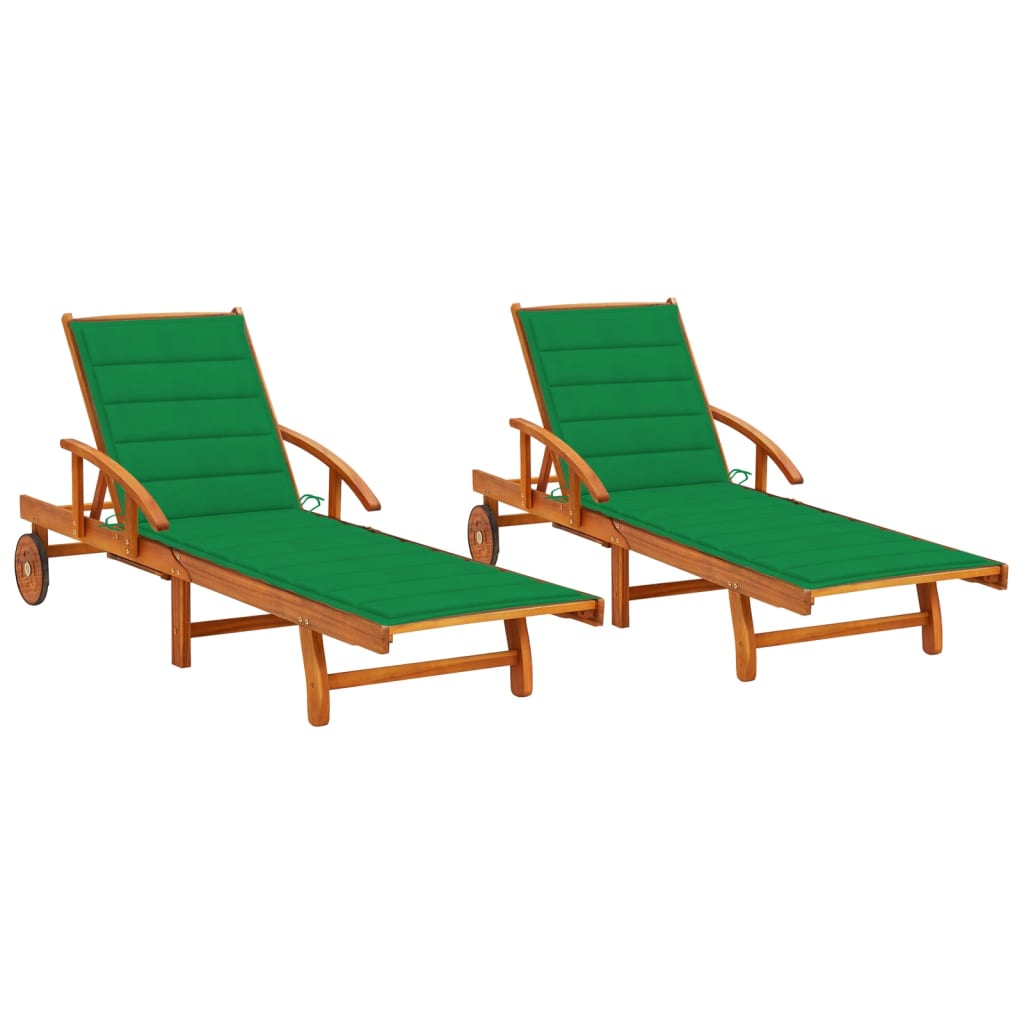 Set de 2 sezlonguri de exterior cu perna vidaXL, Lemn de acacia, 199 x 67 x 85 cm, Verde