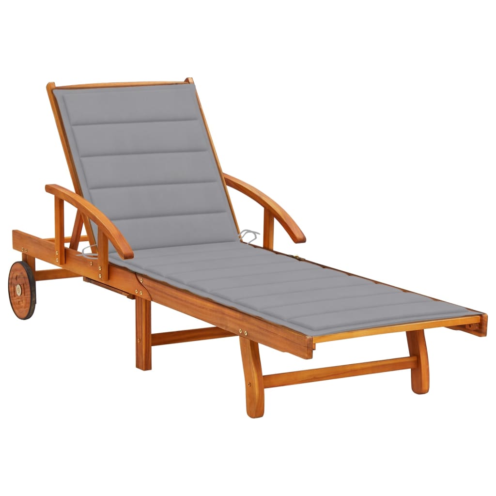 Sezlong cu 2 roti de gradina cu perna vidaXL, Lemn de acacia, 200 x 67 x 85 cm, Maro/Gri
